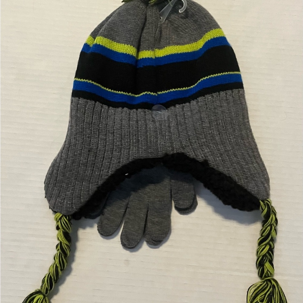 Capelli of New York Gray and Blue Knit Hat with Ear Flaps